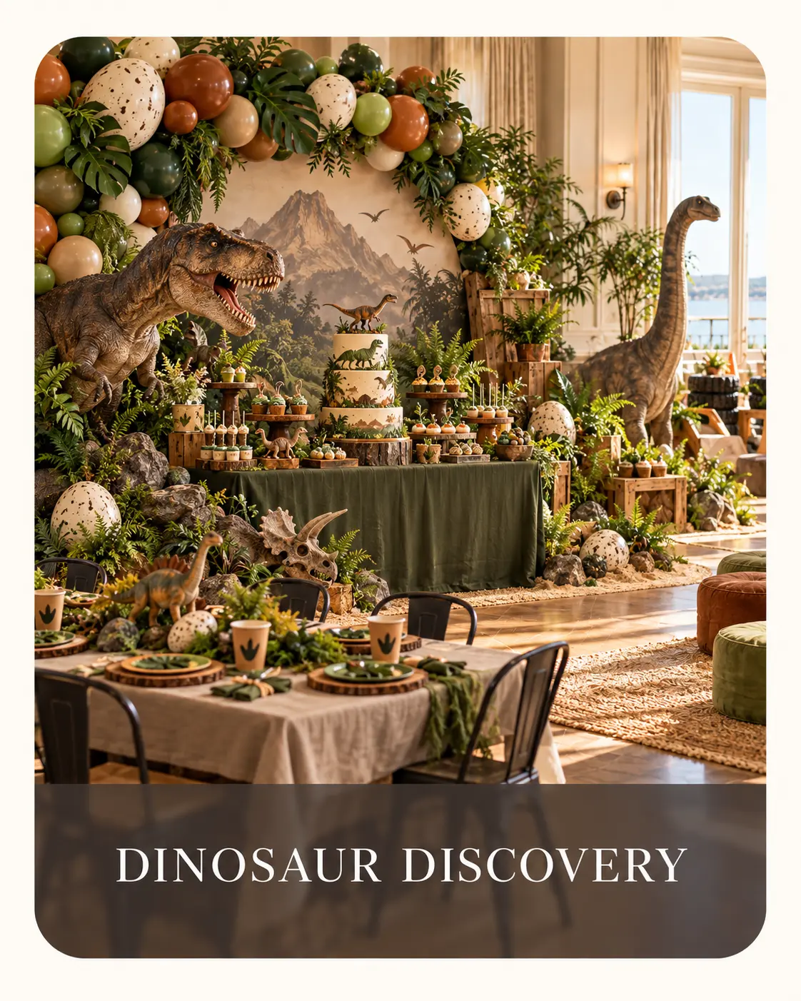 Dinosaur party with jungle greenery, large dinosaurs, spotted eggs and a decorated cake table