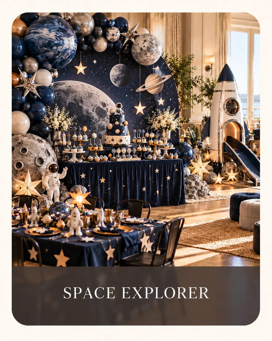 Space party with planets, astronauts, stars, a moon backdrop and rocket play slide