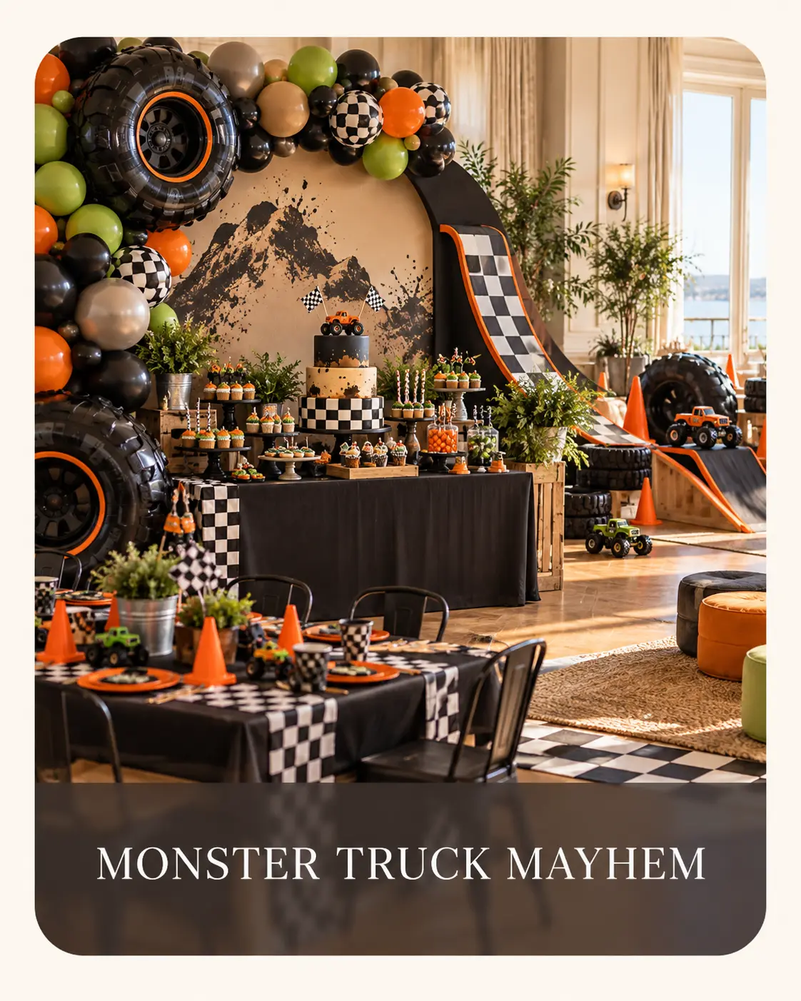 Monster truck party with racing balloons, a cake table, checkerboard details and play ramps