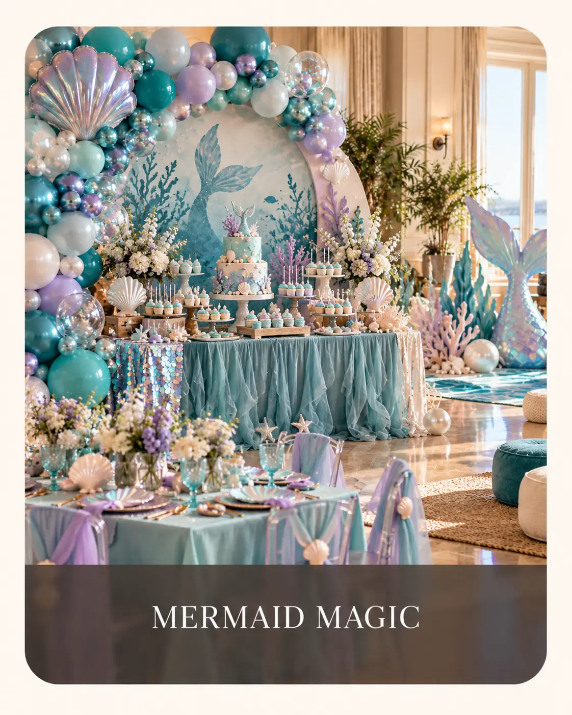 Mermaid party in aqua and lilac with pearl balloons, shells, coral and shimmering tails
