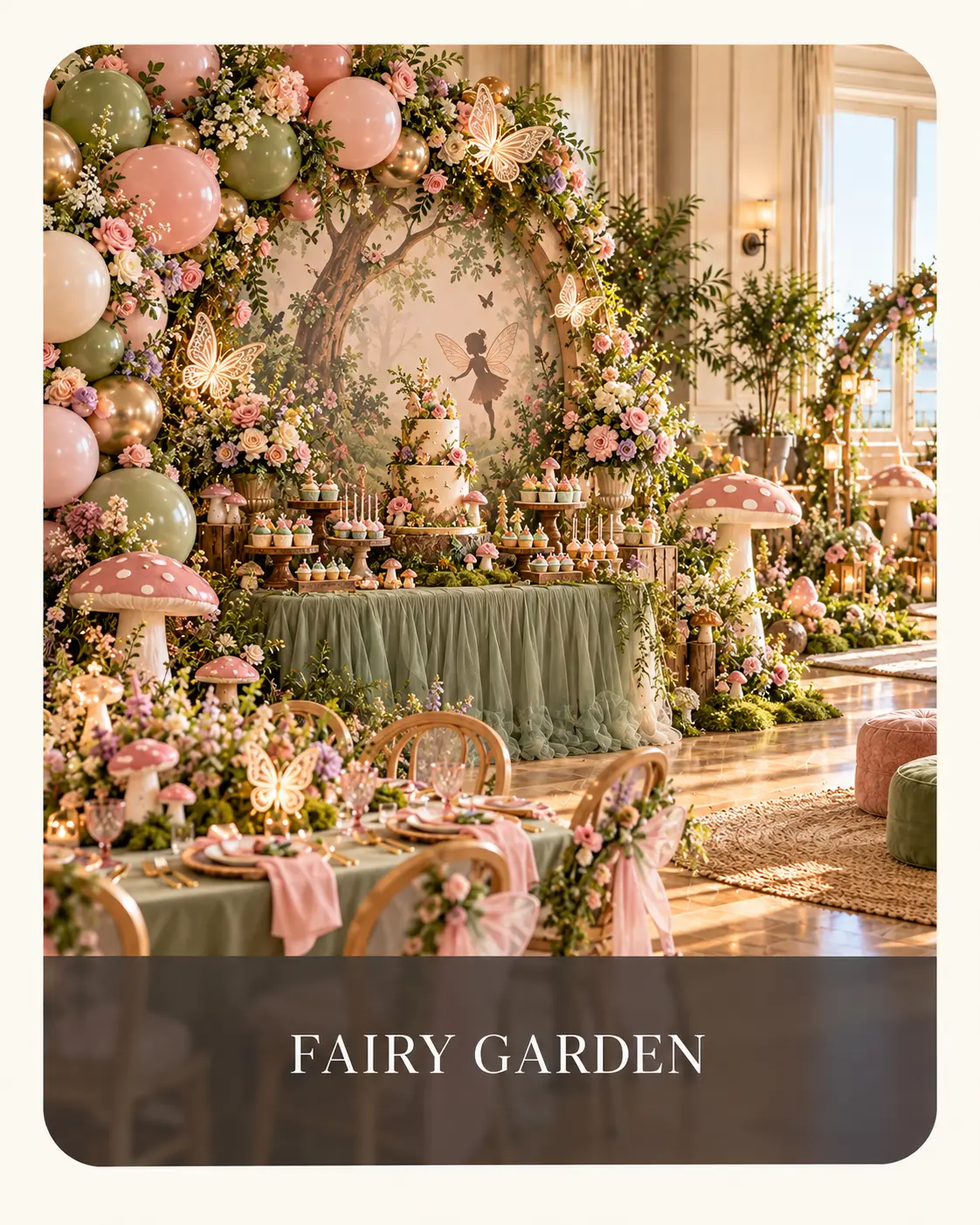 Fairy garden party with flowers, butterflies, toadstools and a woodland cake table
