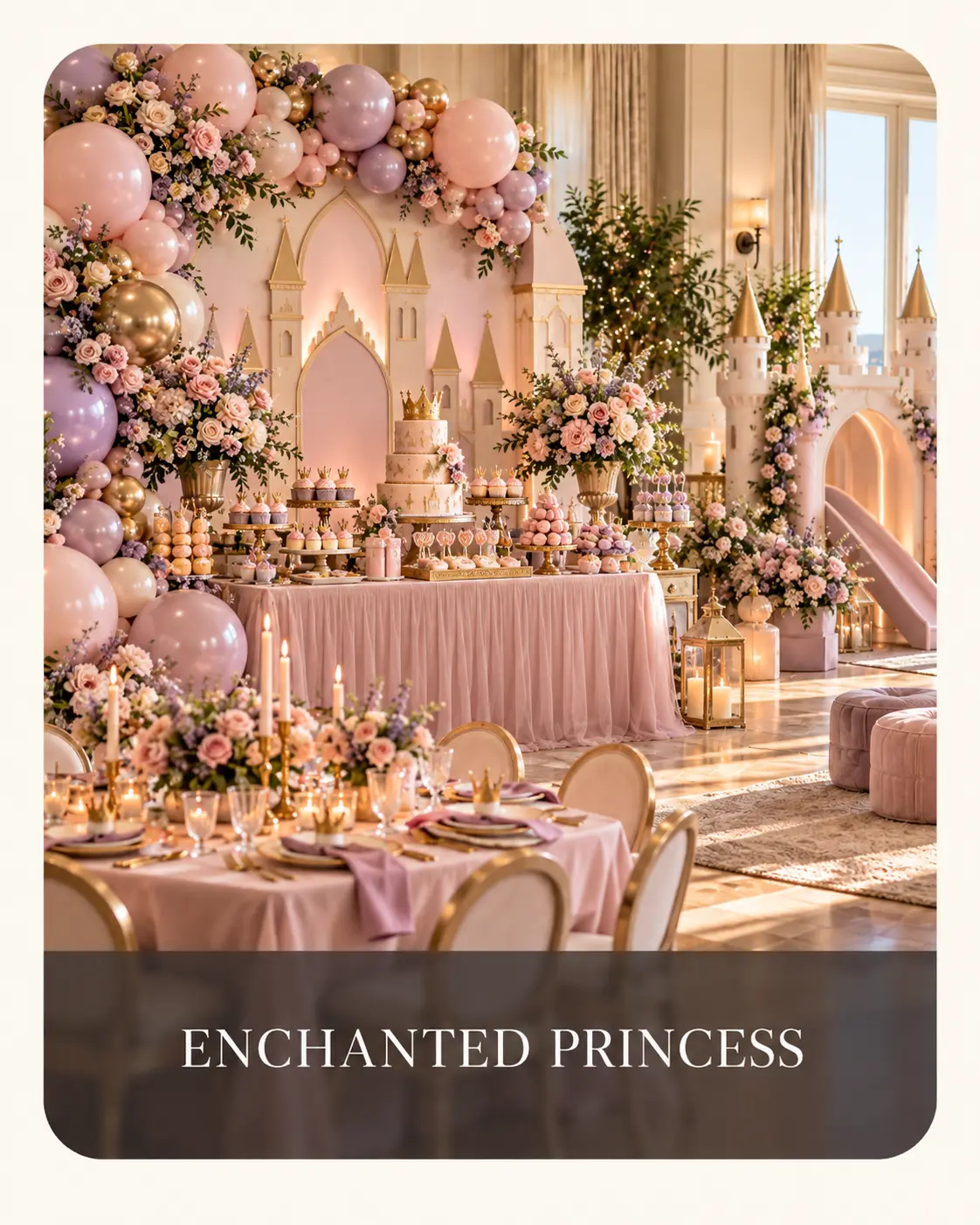 Enchanted princess party in blush pink and lilac with castles, flowers and golden crowns