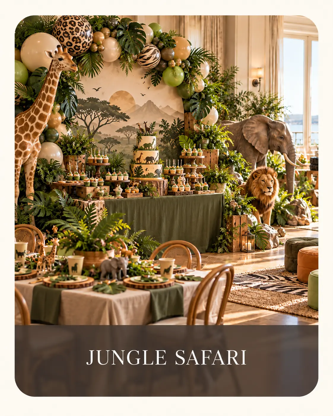 Jungle safari party with a giraffe, elephant, lion, tropical greenery and animal table settings