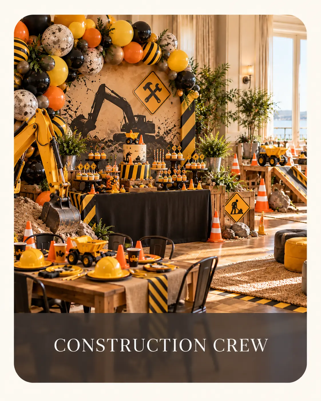 Construction party with diggers, traffic cones, work signs and black and yellow decorations
