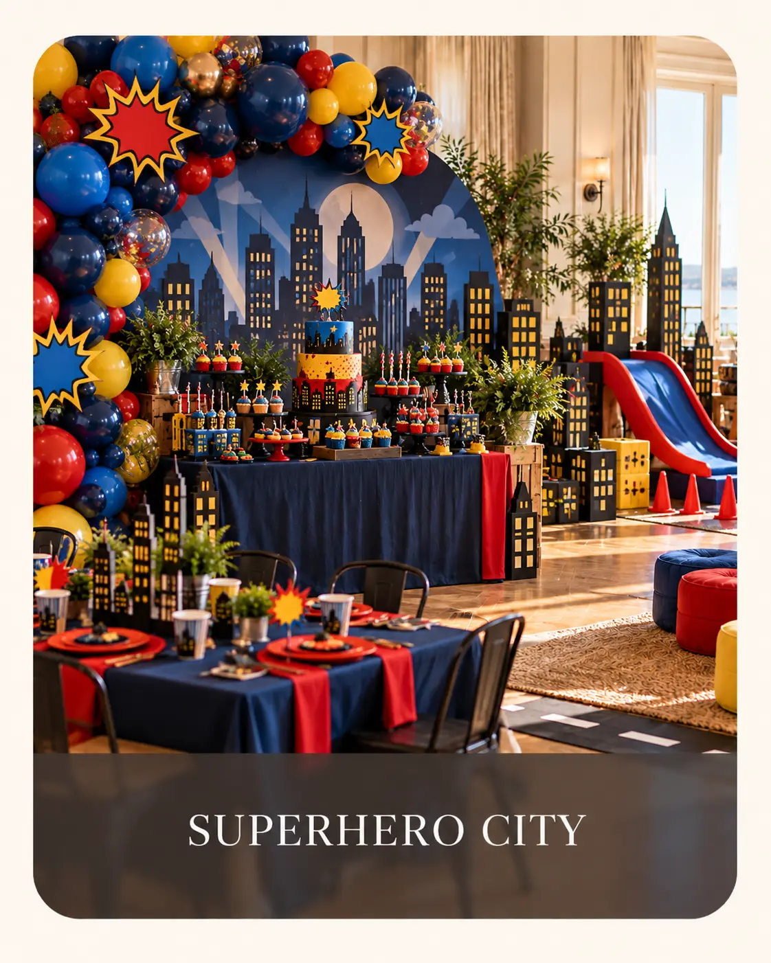 Superhero city party with a comic-book skyline, bright balloons and red and blue play equipment