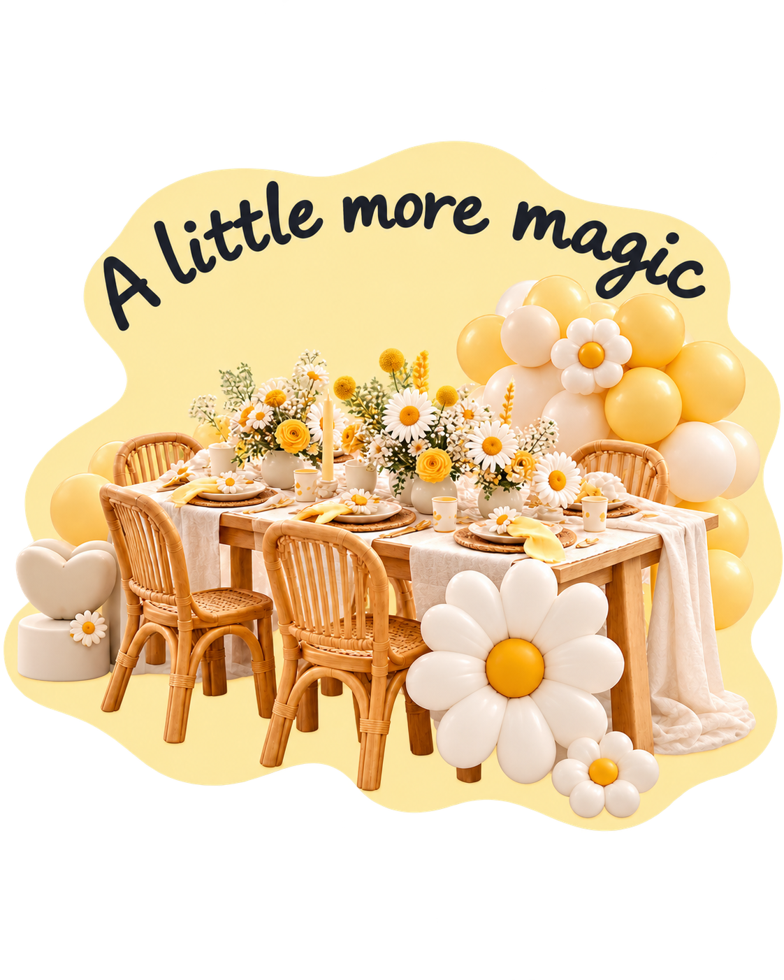 A little more magic: yellow party table with daisies and balloons