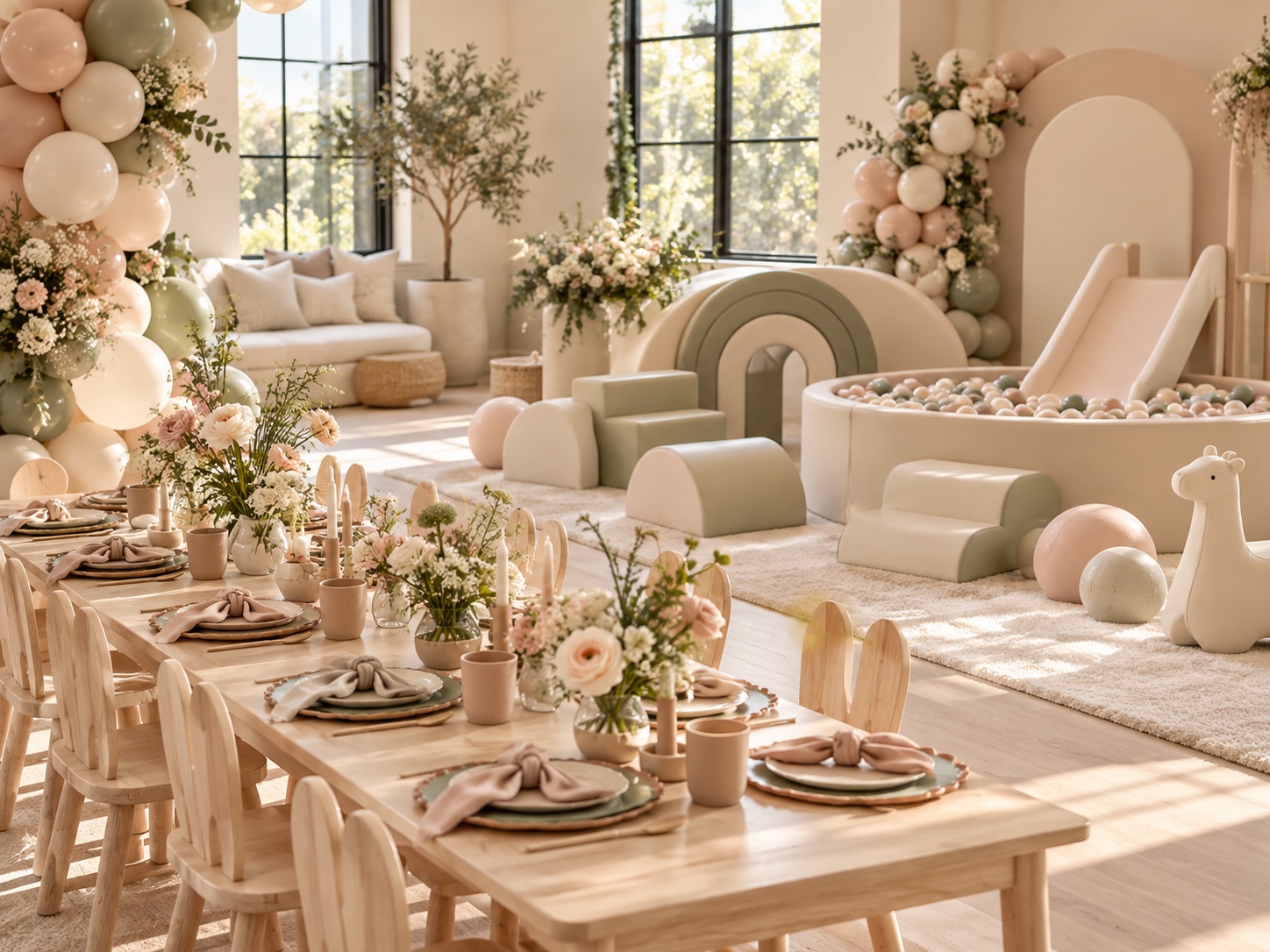 A warmly styled children's party with a soft-play area, ball pit and table settings