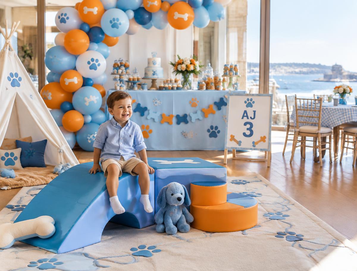 AJ, Playful blue pup party setting