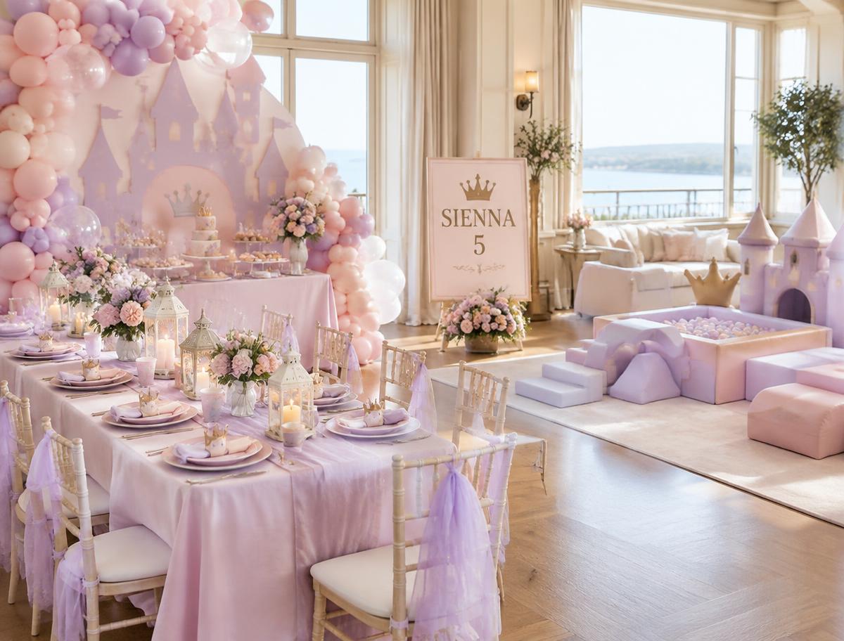 Sienna's blush and lavender princess party setup with a castle and soft play