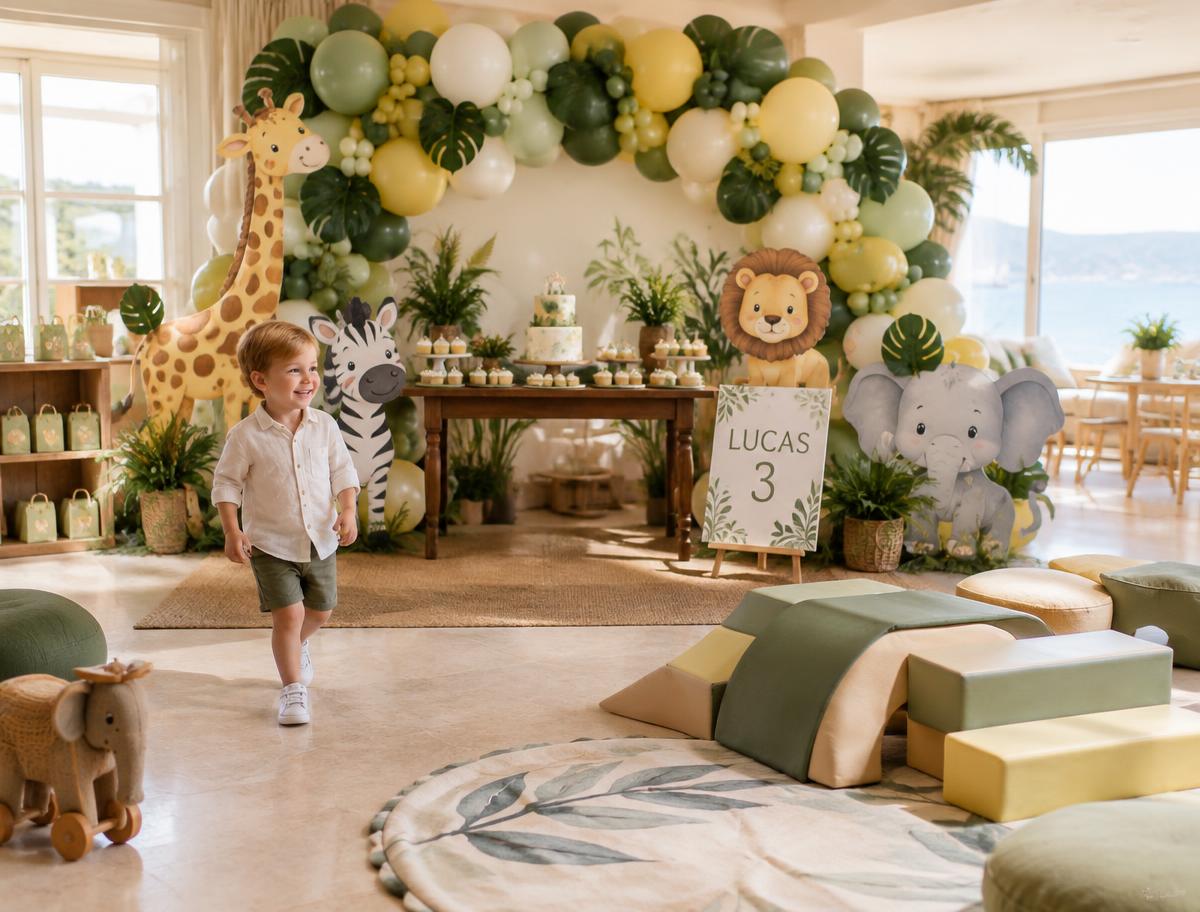 Lucas's sage and yellow safari party setup with jungle animals and soft play
