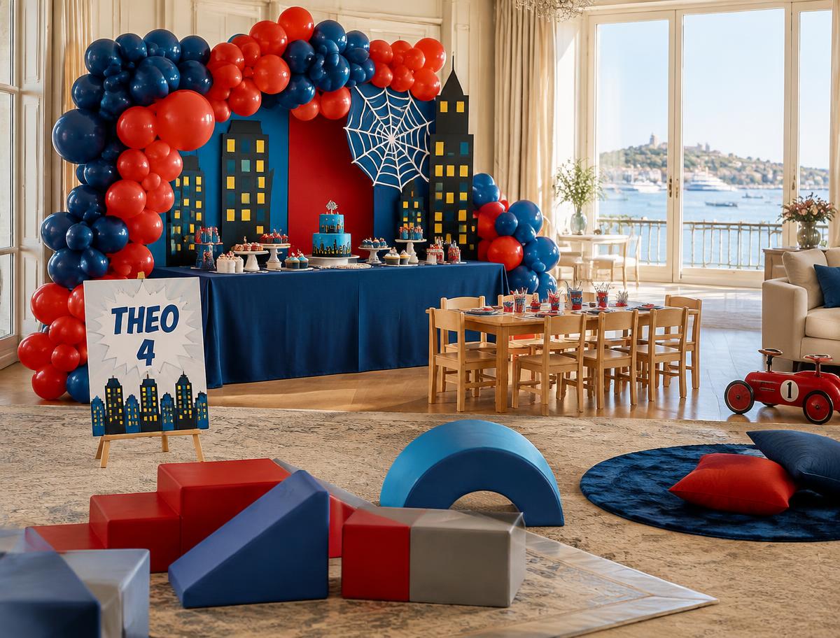 Theo, Superhero city party setting